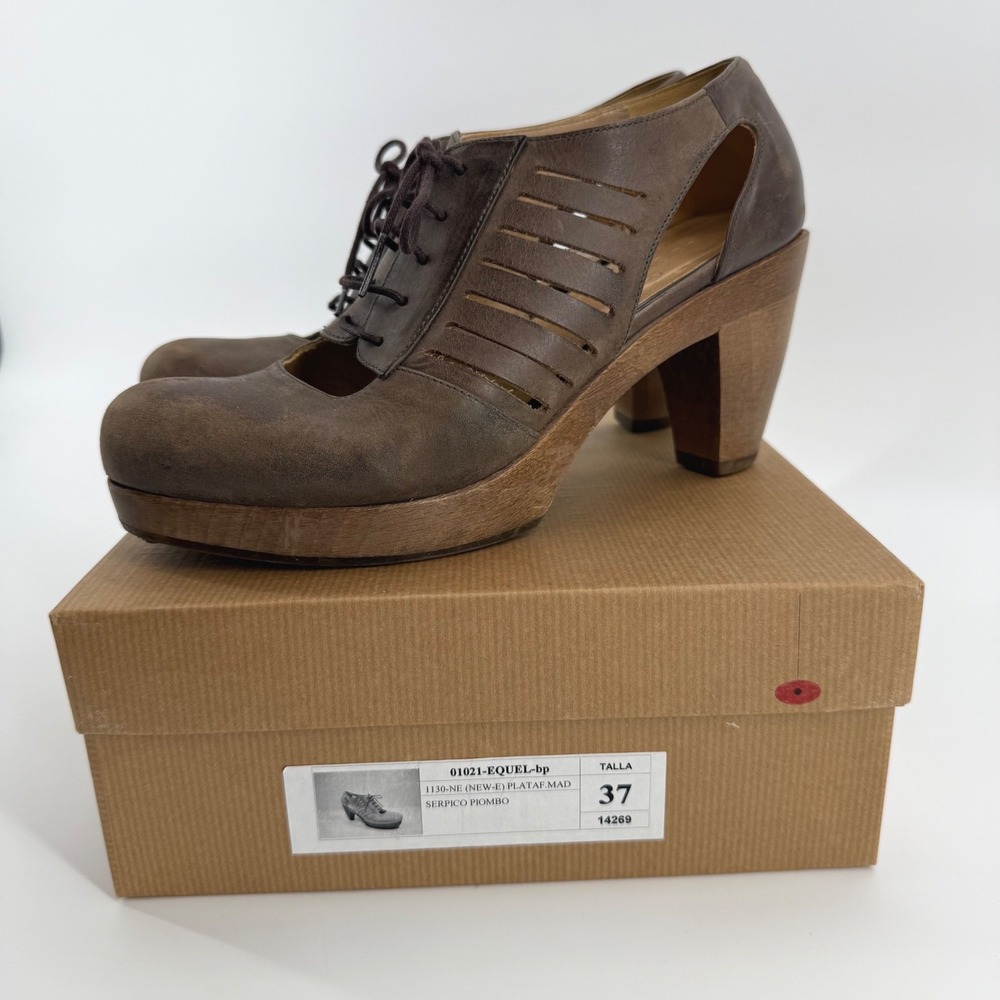 Coclico Equel Lace-Up Clog Oxford Pump Brown Leather Wood‎ Platform Heel EU 37